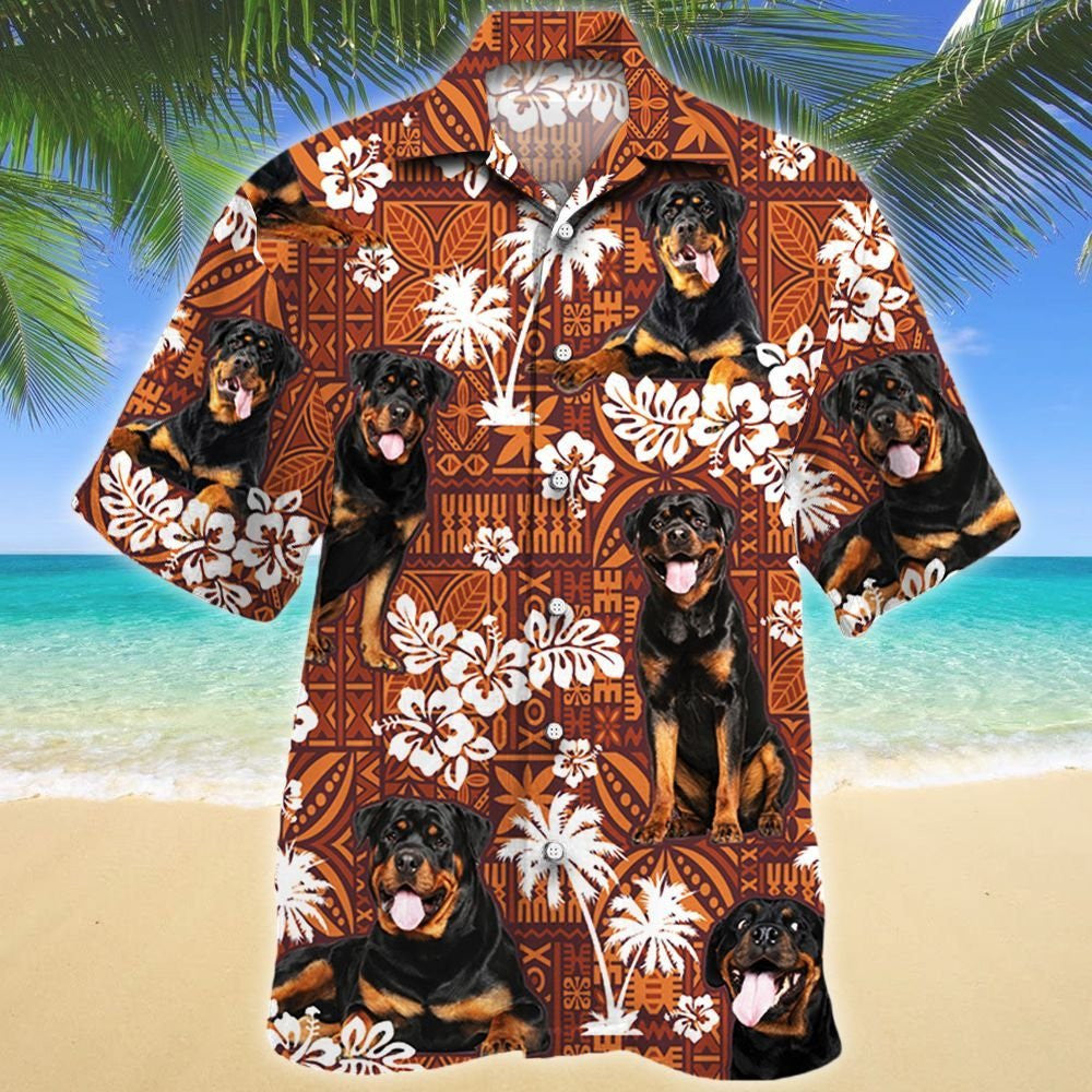 Rottweiler Dog And Hibiscus On Brown Tribal Pattern Hawaiian Shirt, Hawaiian Shirt Gift, Christmas Gift