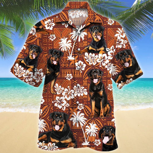 Rottweiler Dog And Hibiscus On Brown Tribal Pattern Hawaiian Shirt, Hawaiian Shirt Gift, Christmas Gift