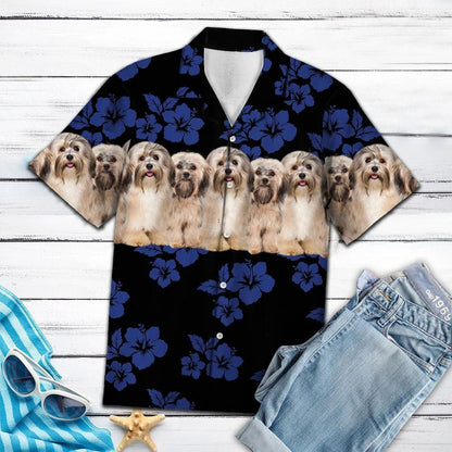 Great Havanese Dog With Blue Hibiscus In Black Hawaiian Shirt, Hawaiian Shirt Gift, Christmas Gift