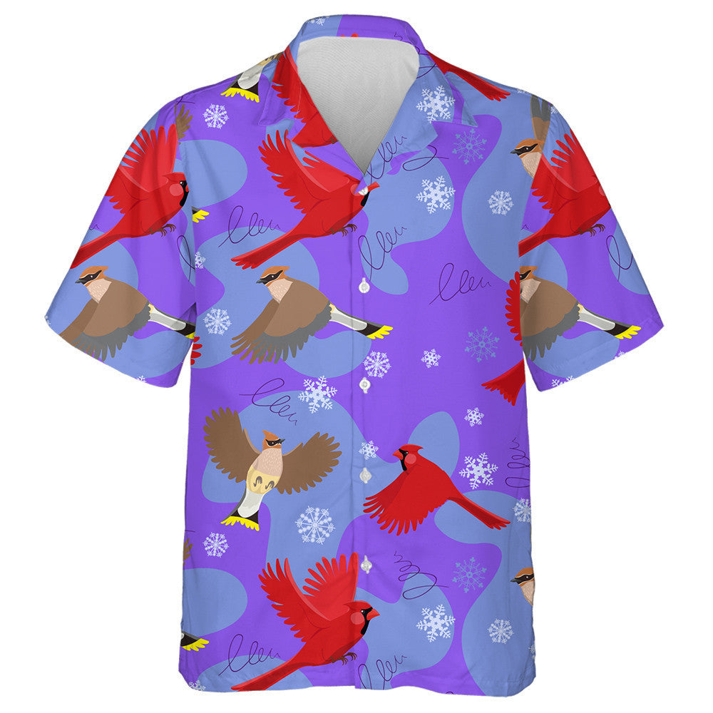 Little Funny Red Cardinal Bird And Falling Snowflakes Hawaiian Shirt, Hawaiian Shirt Gift, Christmas Gift
