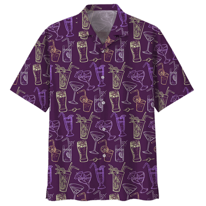 Cocktail On Purple Background Pattern Hawaiian Shirt, Hawaiian For Gift