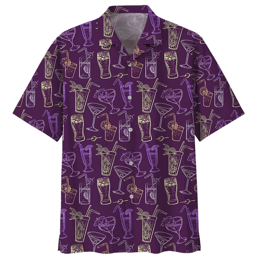 Cocktail On Purple Background Pattern Hawaiian Shirt, Hawaiian For Gift