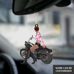 Personalized Flat Acrylic Car Ornament For Female Biker, Woman Biker Car Hanging Ornament, Christmas Decoration