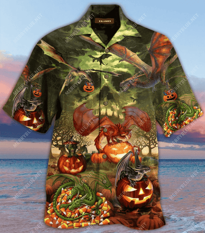 Halloween Dragon Skull And Angry Evil Pumkin Background Hawaiian Shirt, Hawaiian Shirt Gift, Christmas Gift