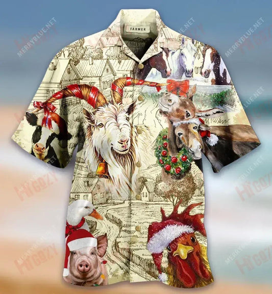 Christmas Begins On The Farm Unisex Hawaiian Shirt Ocean Short Sleeve Custom Hawaiian Shirts Funny Hawaiian Shirts, Hawaiian Shirt Gift, Christmas Gift