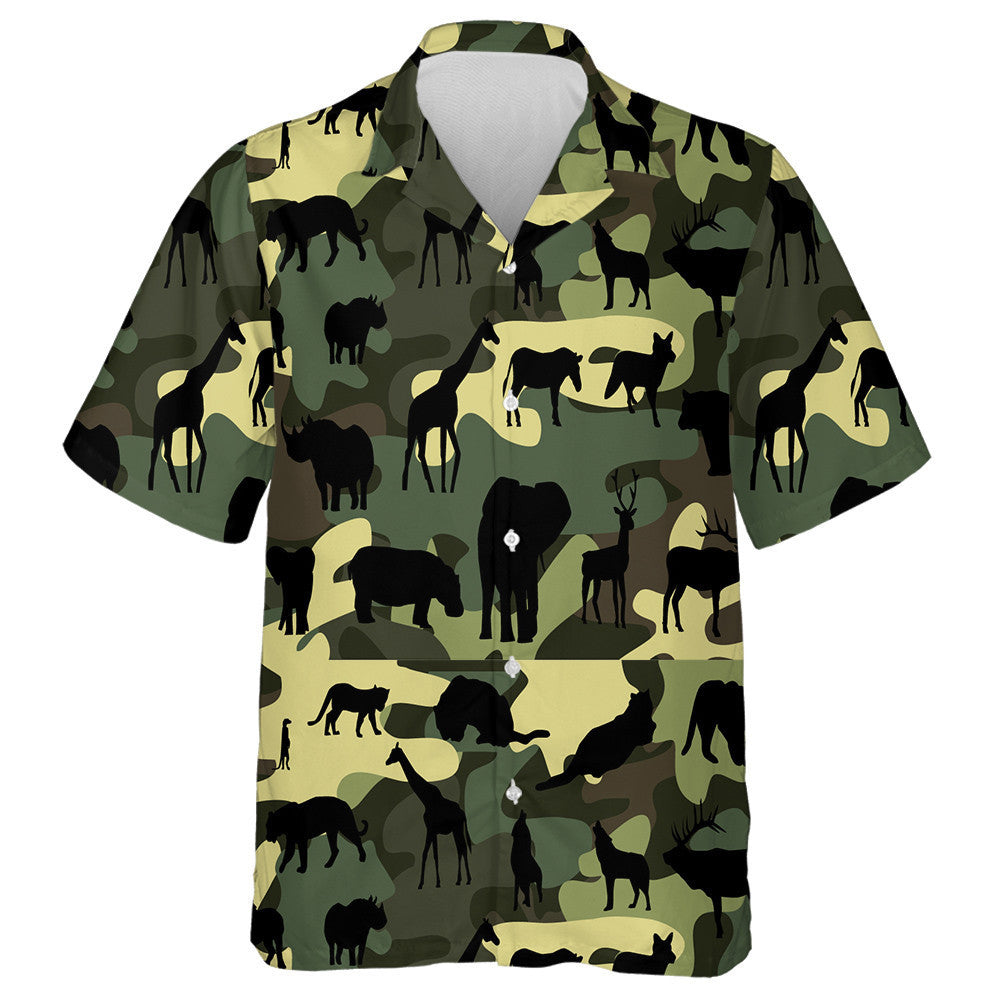 Awesome Wild Animals Silhouette Green Camouflage Background Hawaiian Shirt, Hawaiian Shirt Gift, Christmas Gift