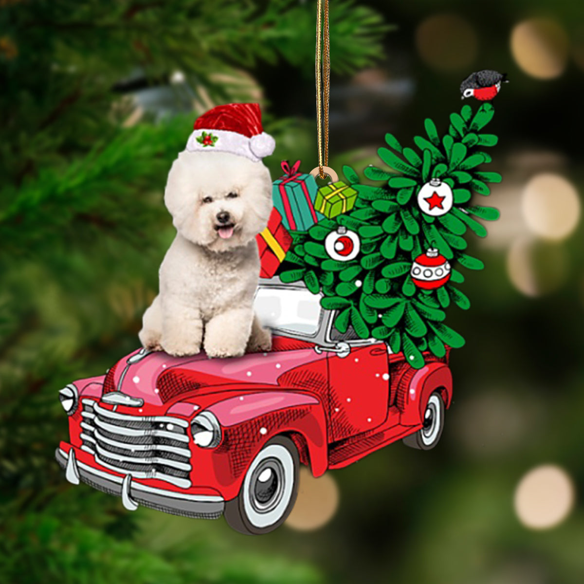 CREAM Bichon Frise-Pine Truck Hanging Christmas Plastic Hanging Ornament, Christmas Gift, Christmas Decoration