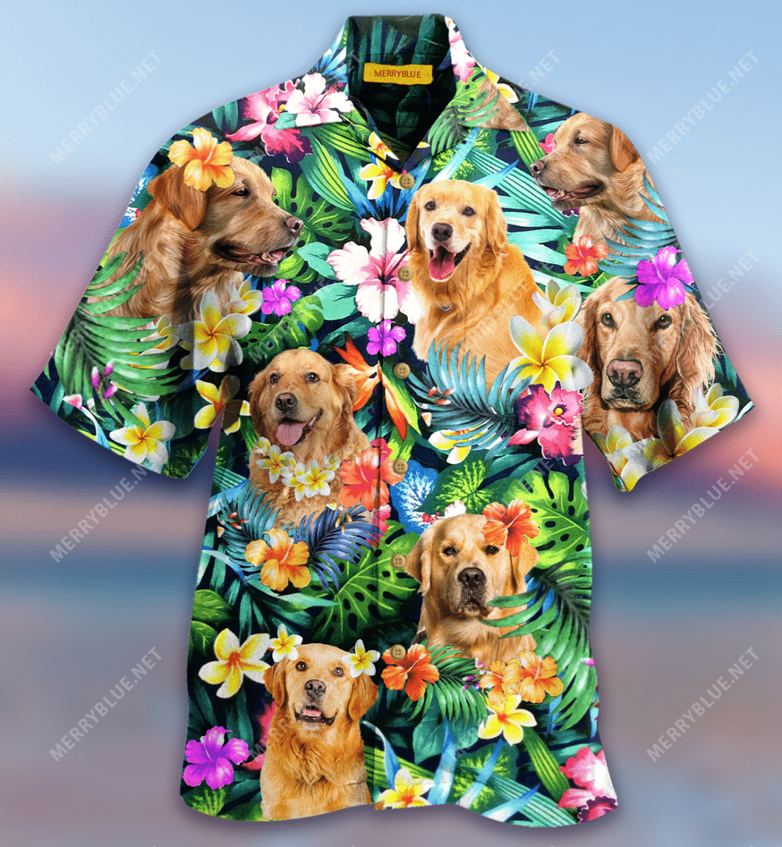 Golden Retriever And Flowers Hawaiian Aloha Shirt Hawaiian Shorts Beach Short Sleeve, Hawaiian Shirt Gift, Christmas Gift