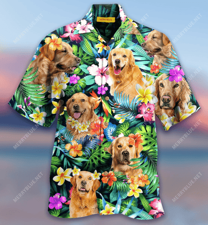 Golden Retriever And Flowers Hawaiian Aloha Shirt Hawaiian Shorts Beach Short Sleeve, Hawaiian Shirt Gift, Christmas Gift