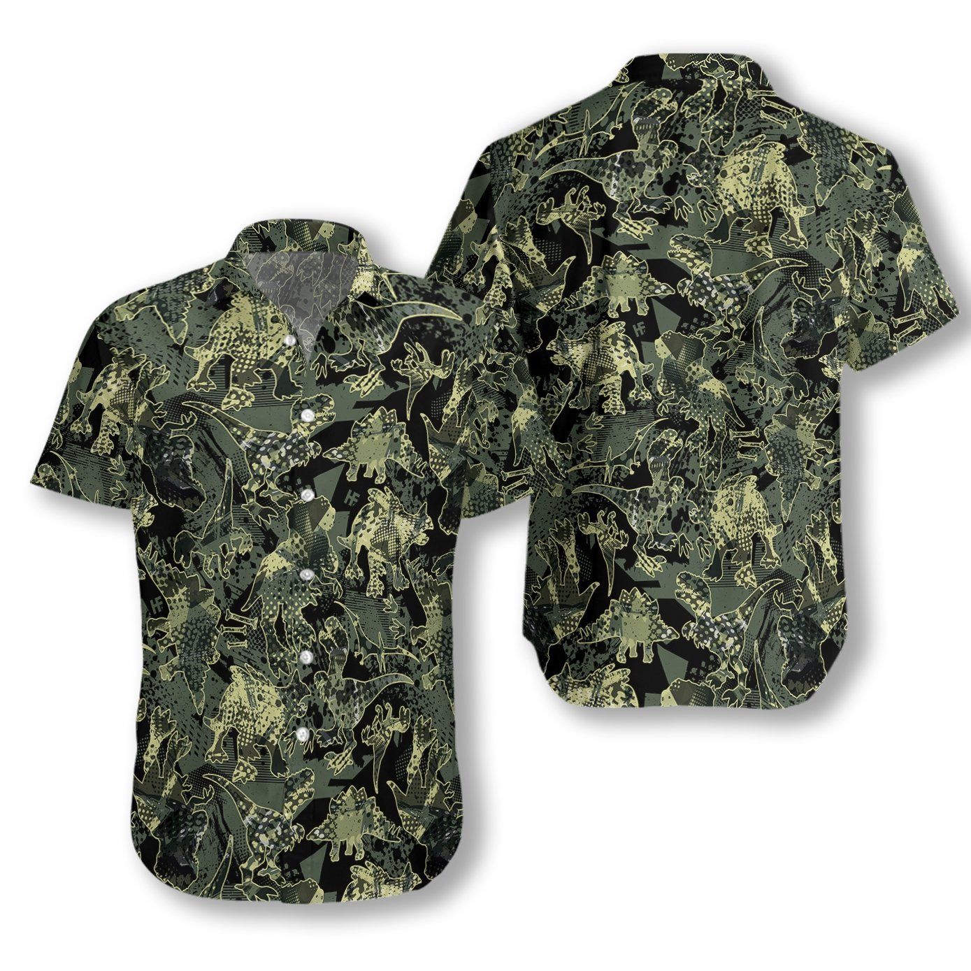 Camo Dinosaur Pattern Hawaiian Aloha Shirt Hawaiian Shorts Beach Short Sleeve- Hawaiian Shirts -Hawaiian Shirt Gift, Christmas Gift