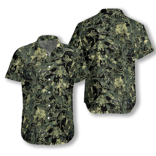 Camo Dinosaur Pattern Hawaiian Aloha Shirt Hawaiian Shorts Beach Short Sleeve- Hawaiian Shirts -Hawaiian Shirt Gift, Christmas Gift