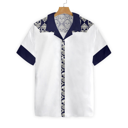 Ornamental Skull Seamless Pattern Blue And White Design Hawaiian Shirt, Hawaiian Shirt Gift, Christmas Gift