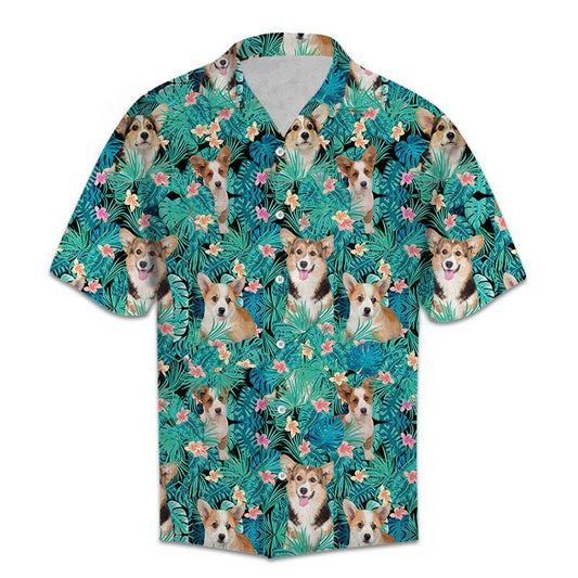 Pembroke Welsh Corgi Tropical Leaves And Flower Pattern Hawaiian Shirt, Hawaiian Shirt Gift, Christmas Gift