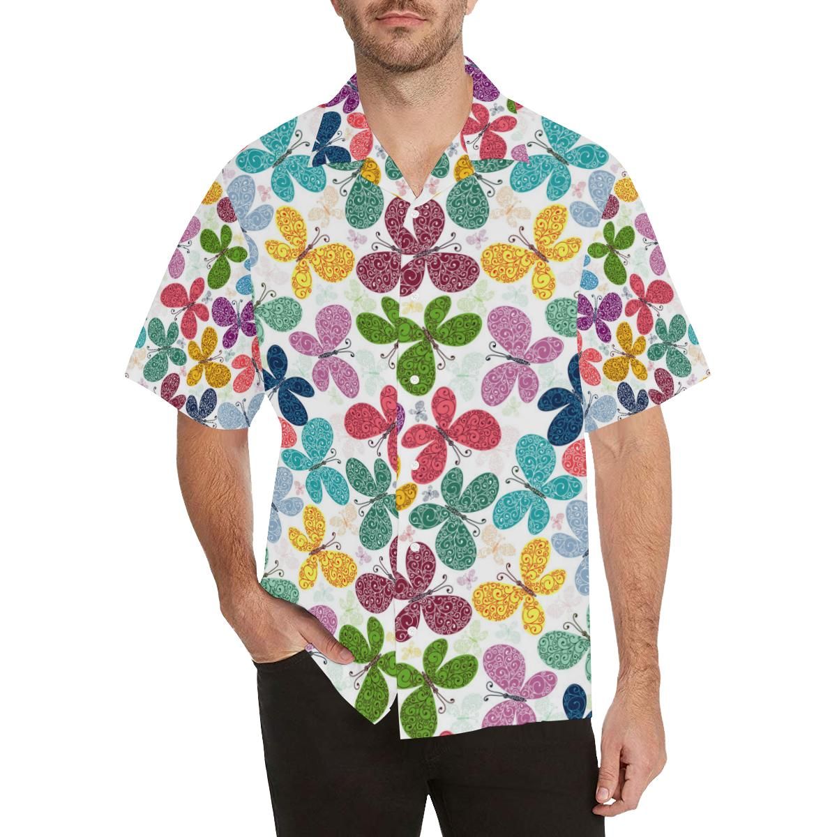 Colorful Butterfly Pattern Men'S All Over Print Hawaiian Aloha Shirt Hawaiian Shorts Beach Short Sleeve, Hwaiian For Gift