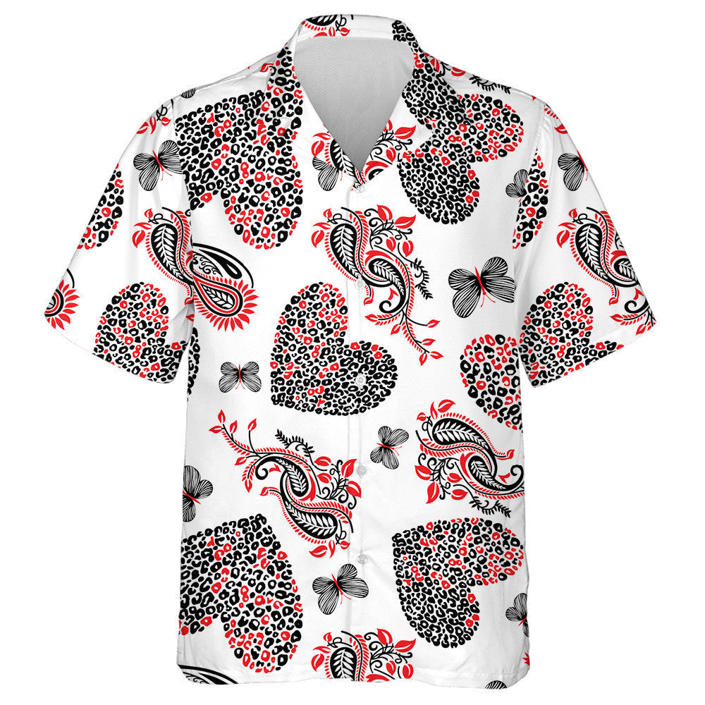 Leopard Hearts With Paisleys Motifs On White Background Hawaiian Shirt, Hawaiian Shirt Gift, Christmas Gift