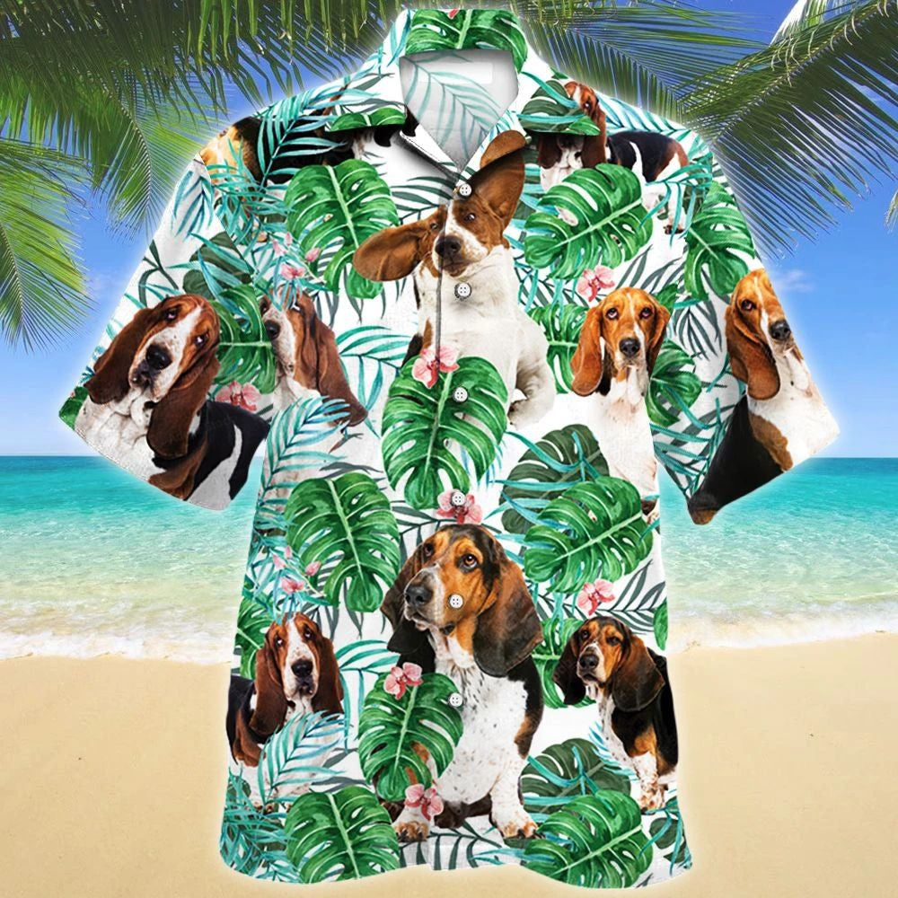 Basset Hound Dog Tropical Plant Móntera Leaves Pattern Hawaiian Shirt, Hawaiian Shirt Gift, Christmas Gift