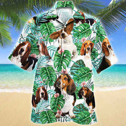Basset Hound Dog Tropical Plant Móntera Leaves Pattern Hawaiian Shirt, Hawaiian Shirt Gift, Christmas Gift