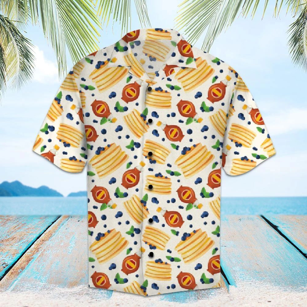Sweet Pancakes And Blueberry In White Hawaiian Shirt,Hawaiian Shirt Gift, Christmas Gift