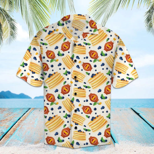 Sweet Pancakes And Blueberry In White Hawaiian Shirt,Hawaiian Shirt Gift, Christmas Gift