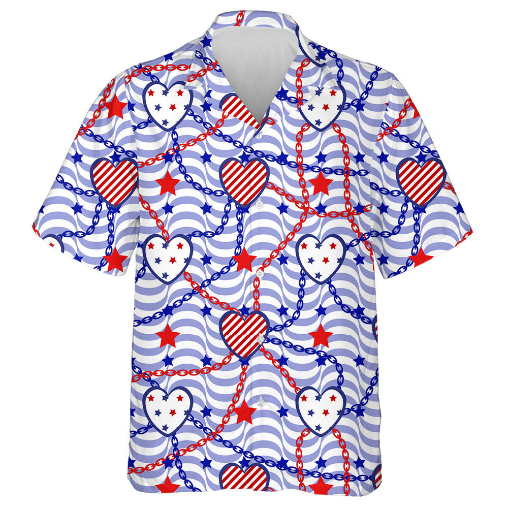 Pastel Blue Wavy Background With Chains Hearts And Stars Hawaiian Shirt, Hawaiian Shirt Gift, Christmas Gift