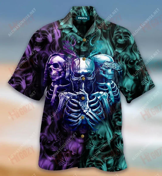 Hear No, Speak No, See No Evil Skulls Short Sleeve Shirt Summer Hawaiian T Shirts Best Hawaiian Shirts Hawaiian Shirts For Men, Hawaiian Shirt Gift, Christmas Gift