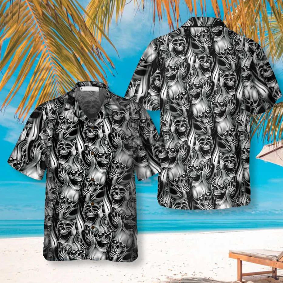Horror Black And White Skull Day Of The Dead Hawaiian Shirt, Hawaiian Shirt Gift, Christmas Gift