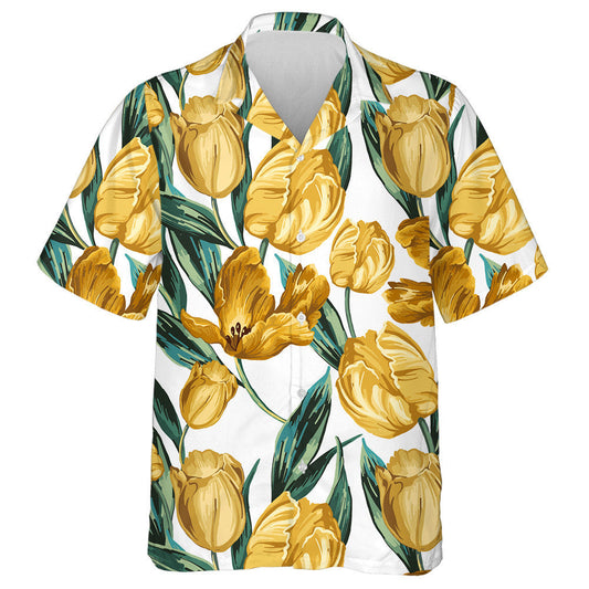 Watercolor Yellow Tulips And Green Leaves Themed Design Hawaiian Shirt, Hawaiian Shirt Gift, Christmas Gift