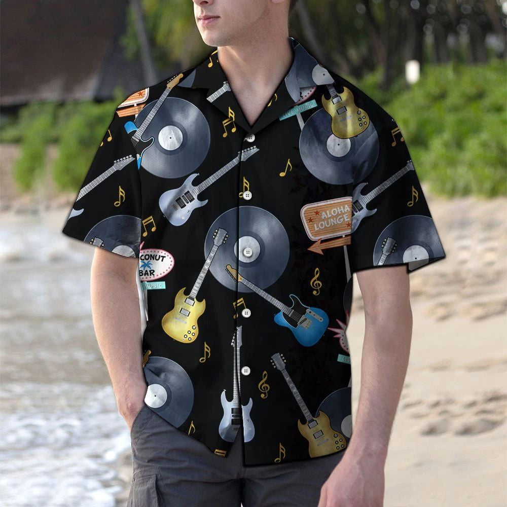 Vintage Style Vinyl Rock And Roll Black Background Hawaiian Shirt, Hawaiian Shirt Gift, Christmas Gift