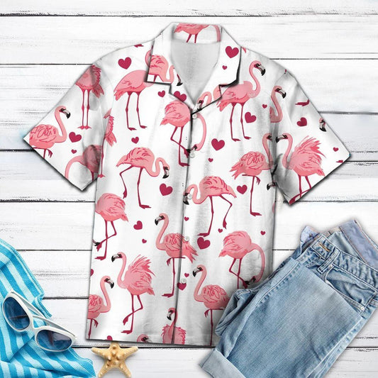 Watercolor Art Beautiful Flamingo With Heart Shape Pattern Hawaiian Shirt, Hawaiian Shirt Gift, Christmas Gift