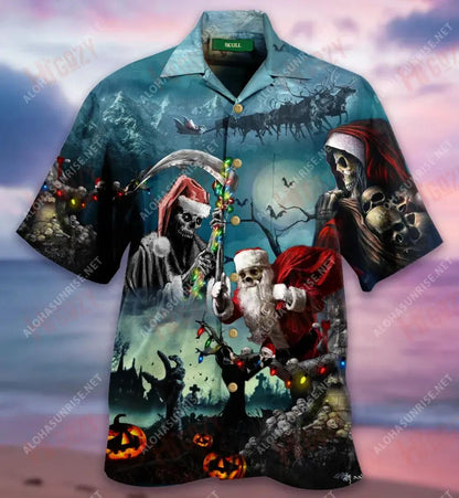 Chistmas Santa Claus Skull Short Hawaiian Shirt Ocean Tropical Shirts Tactical Hawaiian Shirt Hawaiian Shirt Pattern, Hawaiian Shirt Gift, Christmas Gift