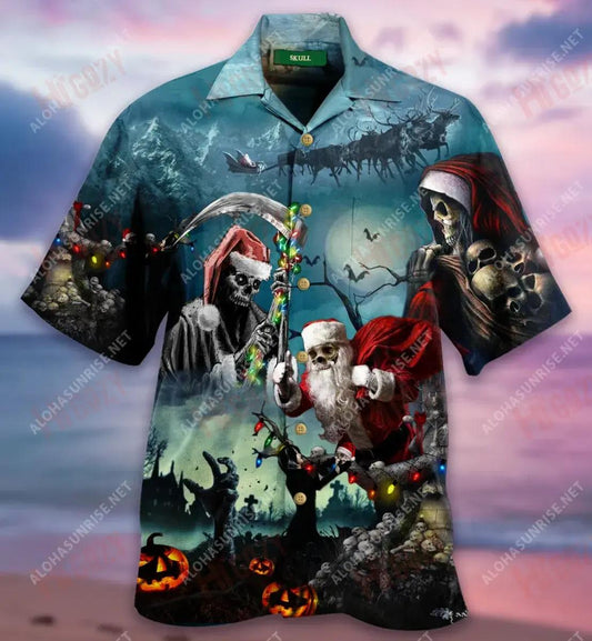 Chistmas Santa Claus Skull Short Hawaiian Shirt Ocean Tropical Shirts Tactical Hawaiian Shirt Hawaiian Shirt Pattern, Hawaiian Shirt Gift, Christmas Gift