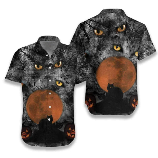 Black Cat On Halloween Red Moon Background Hawaiian Shirt, Hawaiian Shirt Gift, Christmas Gift