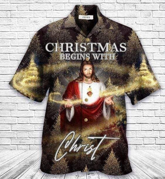 Glitter Christmas Begins With Christ Design Hawaiian Shirt,Hawaiian Shirt Gift, Christmas Gift