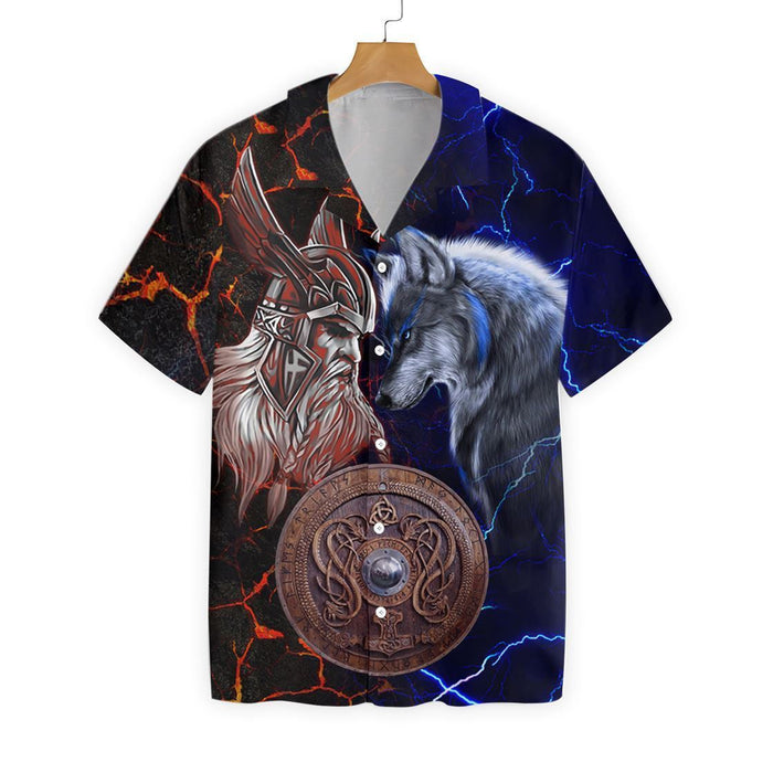 Viking Odin And Fenrir Battle Blue And Red Design Hawaiian Shirt, Hawaiian Shirt Gift, Christmas Gift