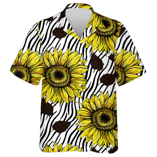 Large Sunflowers Art On Black Striped Zebra Lines Hawaiian Shirt , Hawaiian Shirt Gift, Christmas Gift