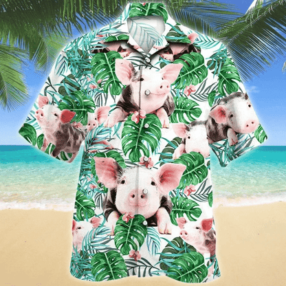 Tropical Cute Pig With Green Leaf Hawaiian Shirt,Hawaiian Shirt Gift, Christmas Gift