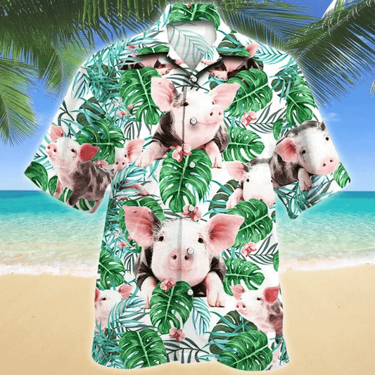Tropical Cute Pig With Green Leaf Hawaiian Shirt,Hawaiian Shirt Gift, Christmas Gift