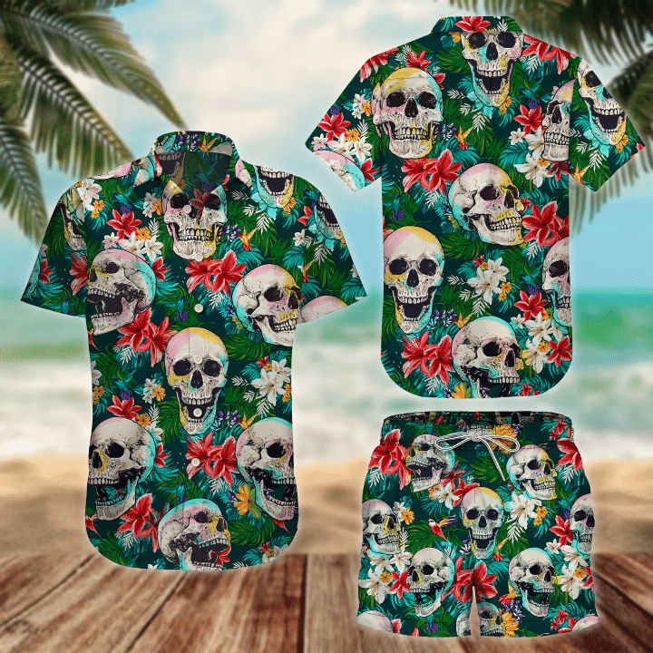 Tropical Forest Skull And Red Floral Pattern Hawaiian Shirt, Hawaiian Shirt Gift, Christmas Gift