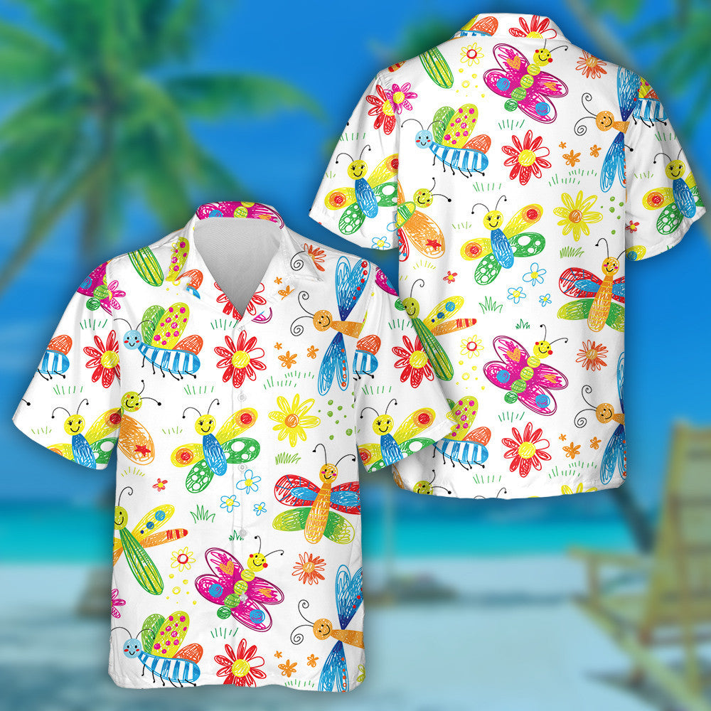 Theme Cute Hand Drawn Kids Doodle Butterfly Hawaiian Shirt, Hawaiian Shirt Gift, Christmas Gift