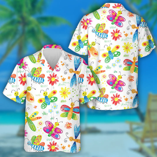 Theme Cute Hand Drawn Kids Doodle Butterfly Hawaiian Shirt, Hawaiian Shirt Gift, Christmas Gift