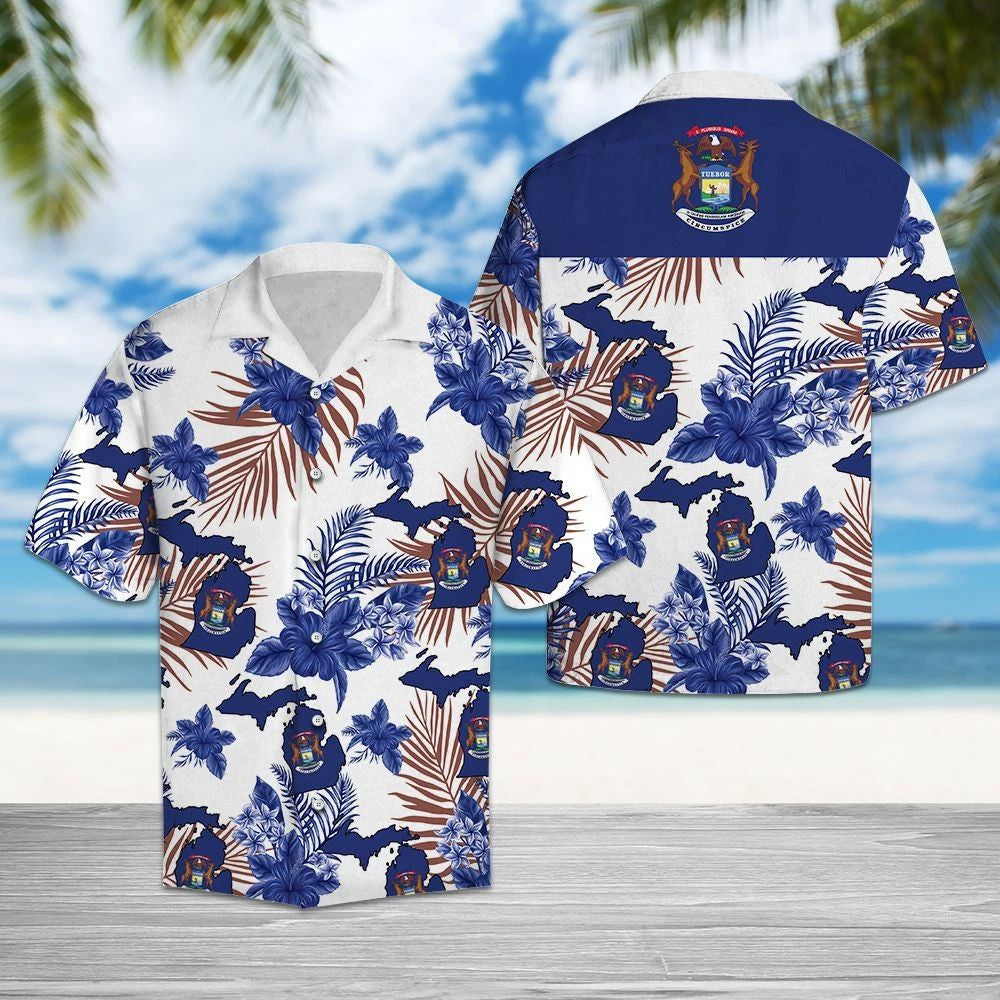 Michigan Map With Blue Tropical Hibiscus And Leaves Hawaiian Shirt, Hawaiian Shirt Gift, Christmas Gift