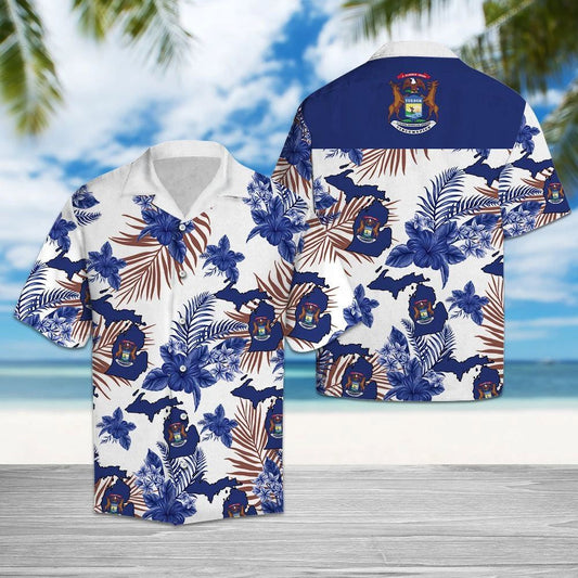 Michigan Map With Blue Tropical Hibiscus And Leaves Hawaiian Shirt, Hawaiian Shirt Gift, Christmas Gift