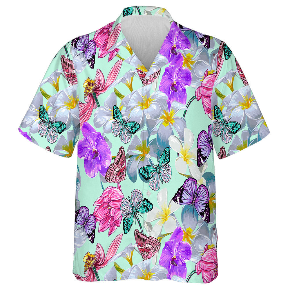 Hand Drawn Exotic Butterflies And Tropical Pink Lotus Hawaiian Shirt, Hawaiian Shirt Gift, Christmas Gift