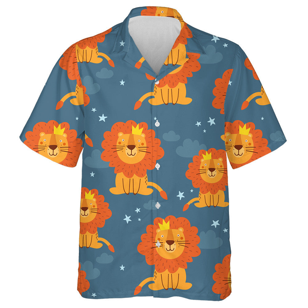 Sitting Cute Lion With Crown On Dark Blue Background Hawaiian Shirt, Hawaiian Shirt Gift, Christmas Gift
