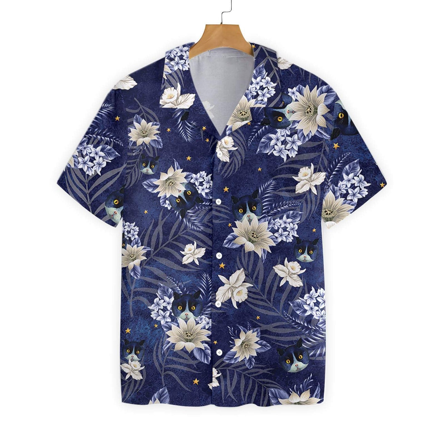 Black Cat With White Flower Pattern Blue Design Hawaiian Shirt, Hawaiian Shirt Gift, Christmas Gift
