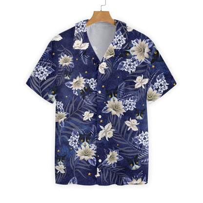 Black Cat With White Flower Pattern Blue Design Hawaiian Shirt, Hawaiian Shirt Gift, Christmas Gift