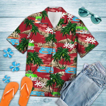 Summer Caravan Palm Island On Red Background Pattern Hawaiian Shirt, Hawaiian Shirt Gift, Christmas Gift