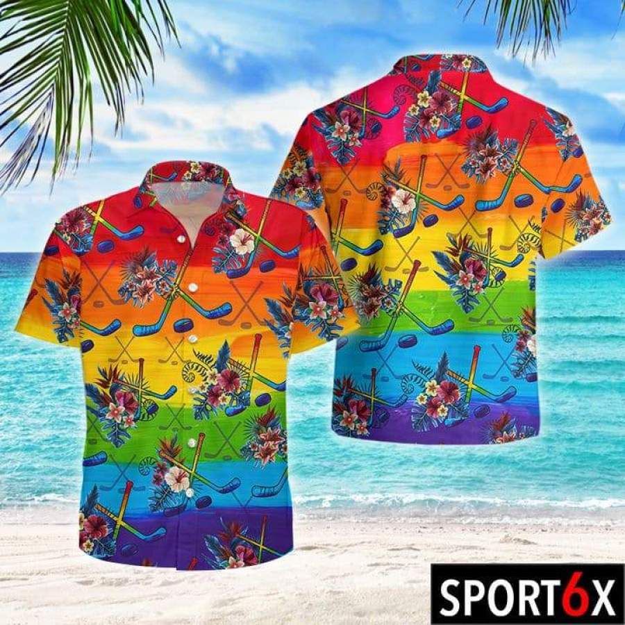 Hockey Rainbow Hawaiian Aloha Shirt Hawaiian Shorts Beach Short Sleeve, Hawaiian Shirt Gift, Christmas Gift