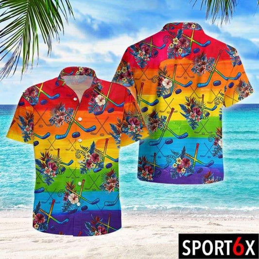 Hockey Rainbow Hawaiian Aloha Shirt Hawaiian Shorts Beach Short Sleeve, Hawaiian Shirt Gift, Christmas Gift