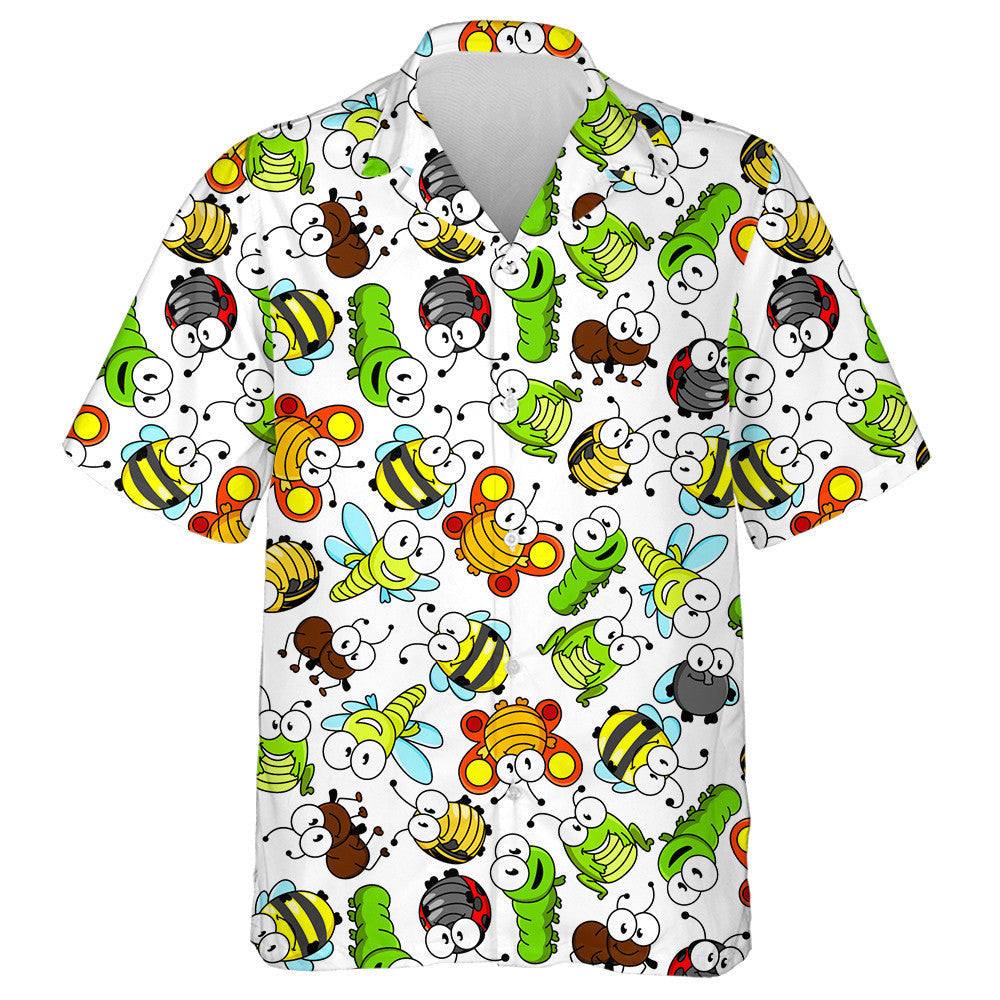 Hand Drawn Cartoon Butterflies And Green Caterpillars Hawaiian Shirt, Hawaiian Shirt Gift, Christmas Gift